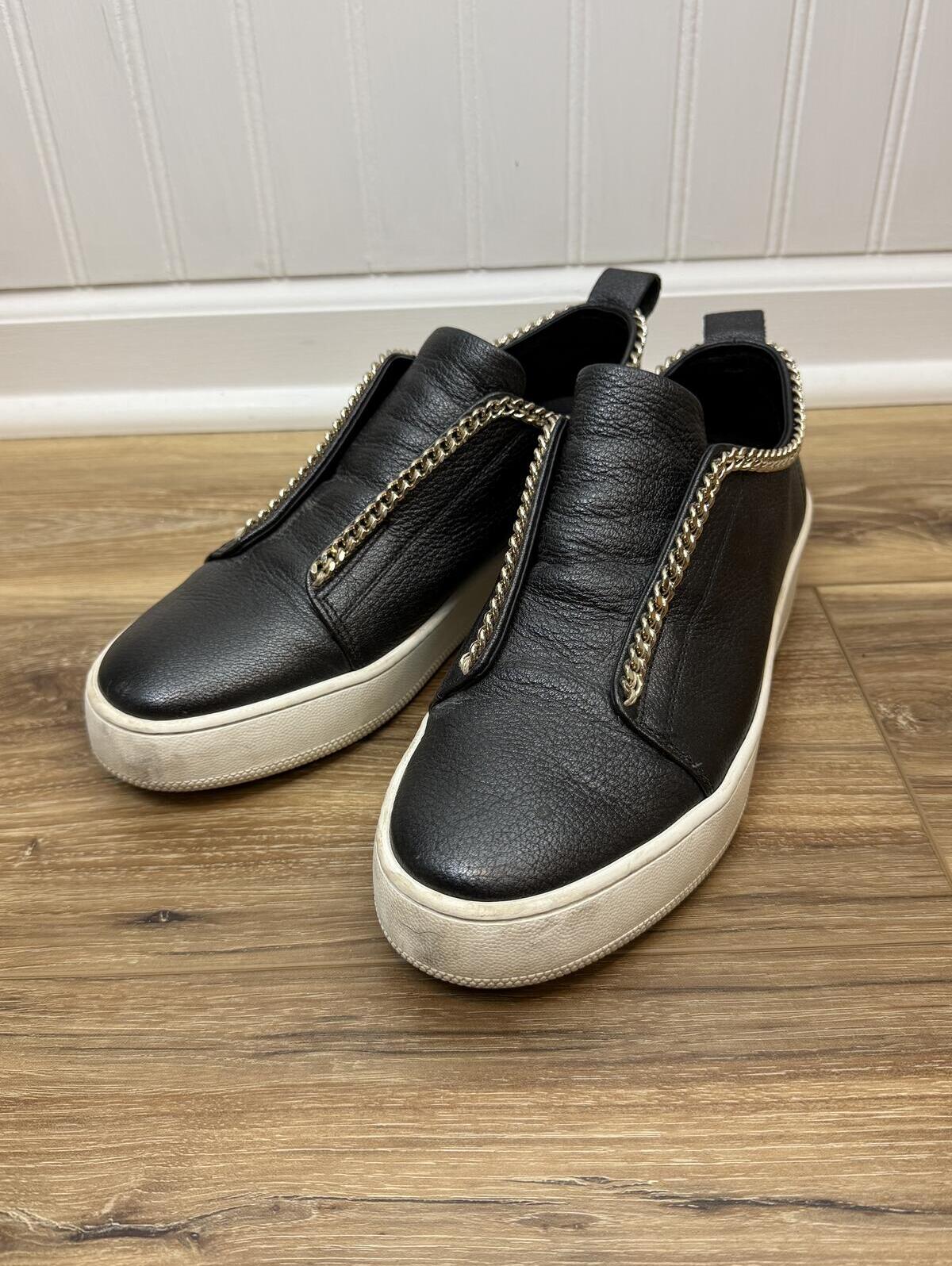 Stokton Italian Black And Gold Chain Link Leather Slip-On Sneakers - Size - 39